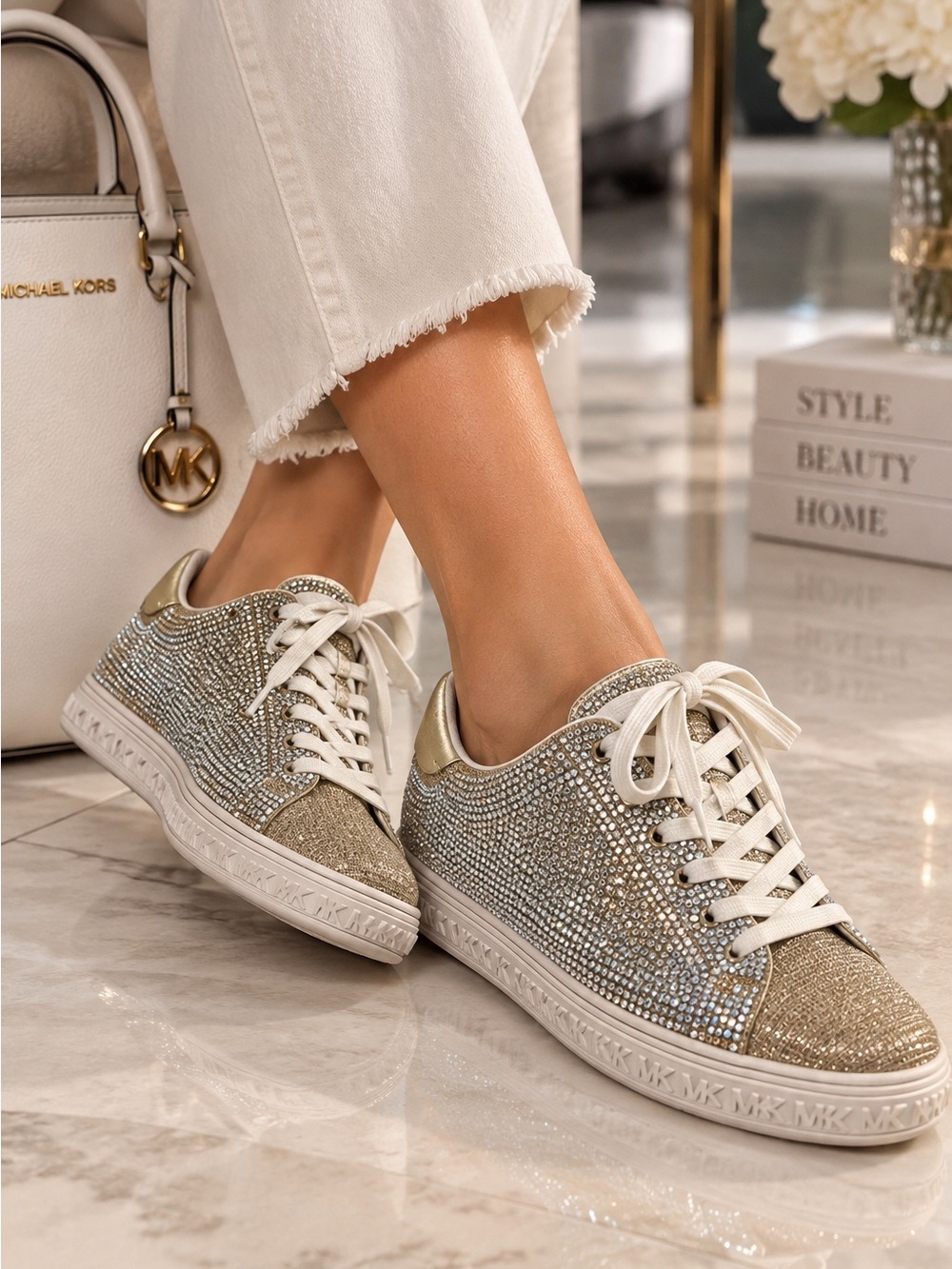 Michael Kors Rhinestone Crystal Embellished Sneakers Gold Silver Size 10